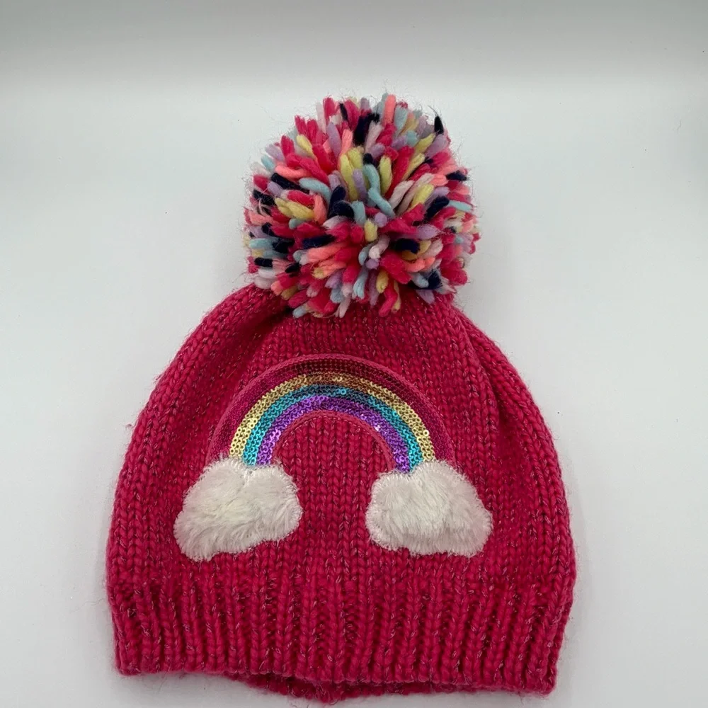 Children’s Place Pink Beanie With A Colorful Pom-Pom & Sequin Rainbow. Sz 2T-3T.